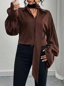 SHEIN Lady 女士纯色前扣长袖休闲上衣，日常穿着 - 巧克力棕 - 查看 5