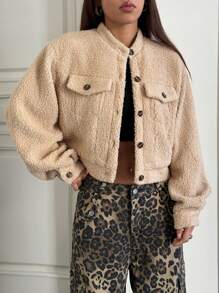 SHEIN EZwear 女士纯色前扣开合长袖口袋简约休闲夹克，日常穿着