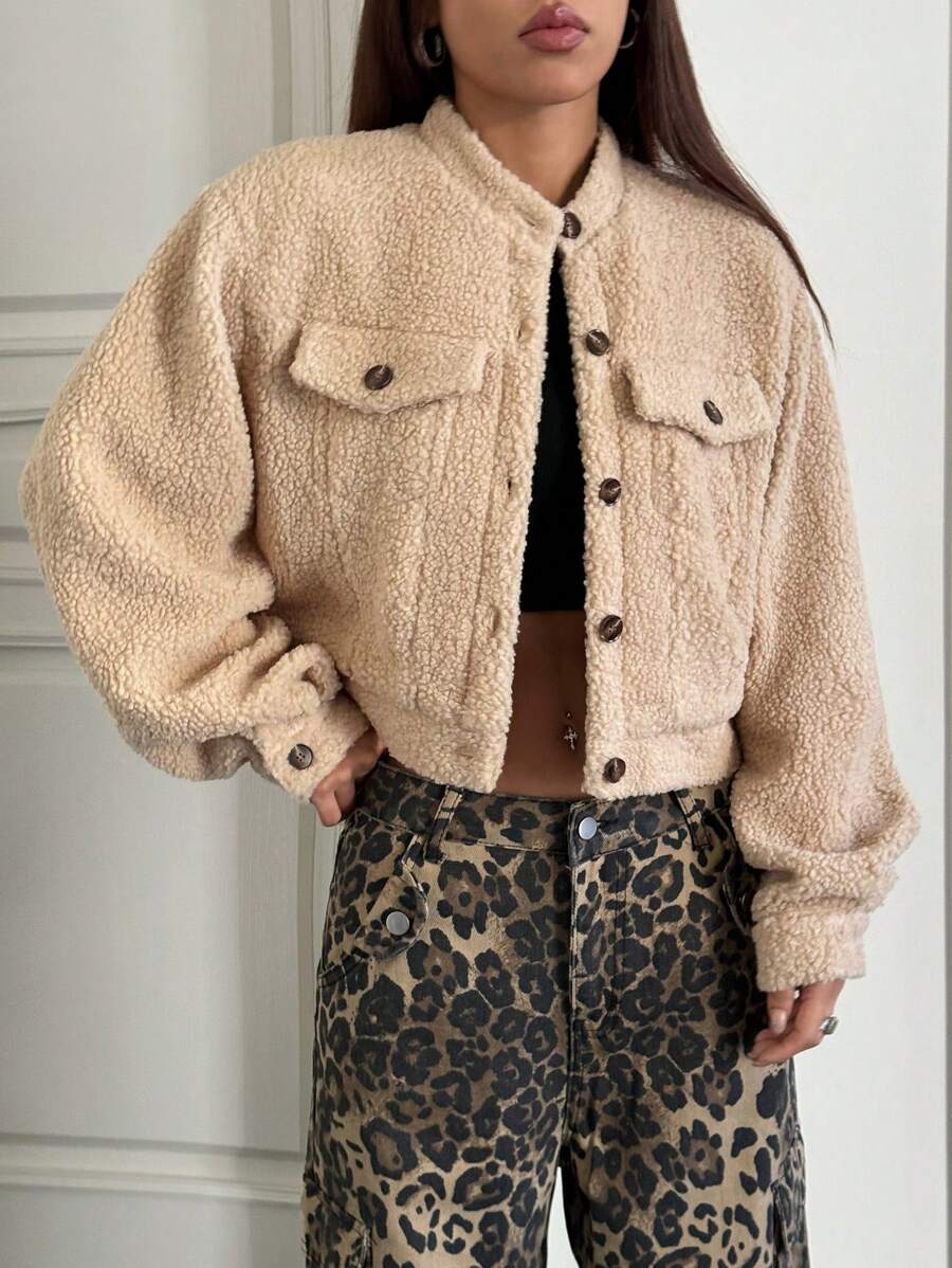 SHEIN EZwear 女士纯色前扣开合长袖口袋简约休闲夹克，日常穿着