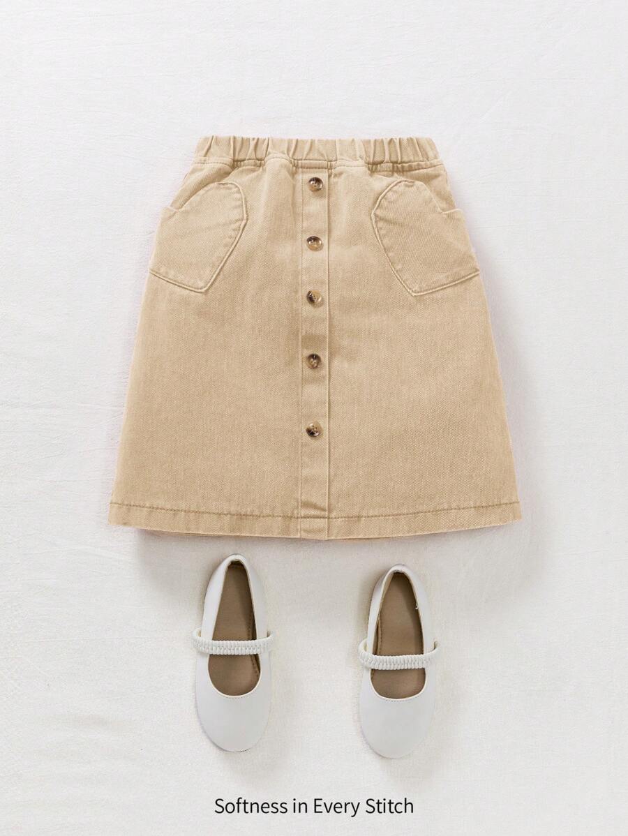 Cozy Pixies Saia longa jeans da moda para meninas com fecho de botão frontal, cós elástico e bolso em formato de coração rosa, roupas para meninas outono inverno volta às aulas