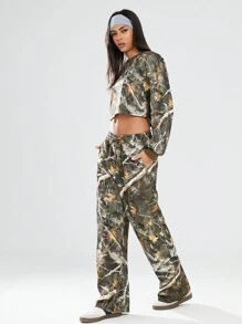 Lunelith SHEIN Lunessa 1 pièce Ensemble femme 2 pièces, sweat-shirt à capuche imprimé branche vert militaire polyvalent et décontracté, et pantalon large