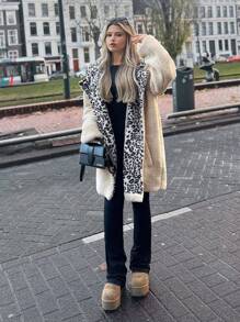 RueChic Women Leopard Lined Sherpa Teddy Over Coat - Beige - View 1
