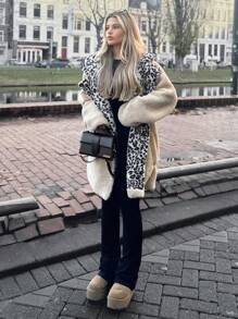 RueChic Women Leopard Lined Sherpa Teddy Over Coat - Beige - View 7