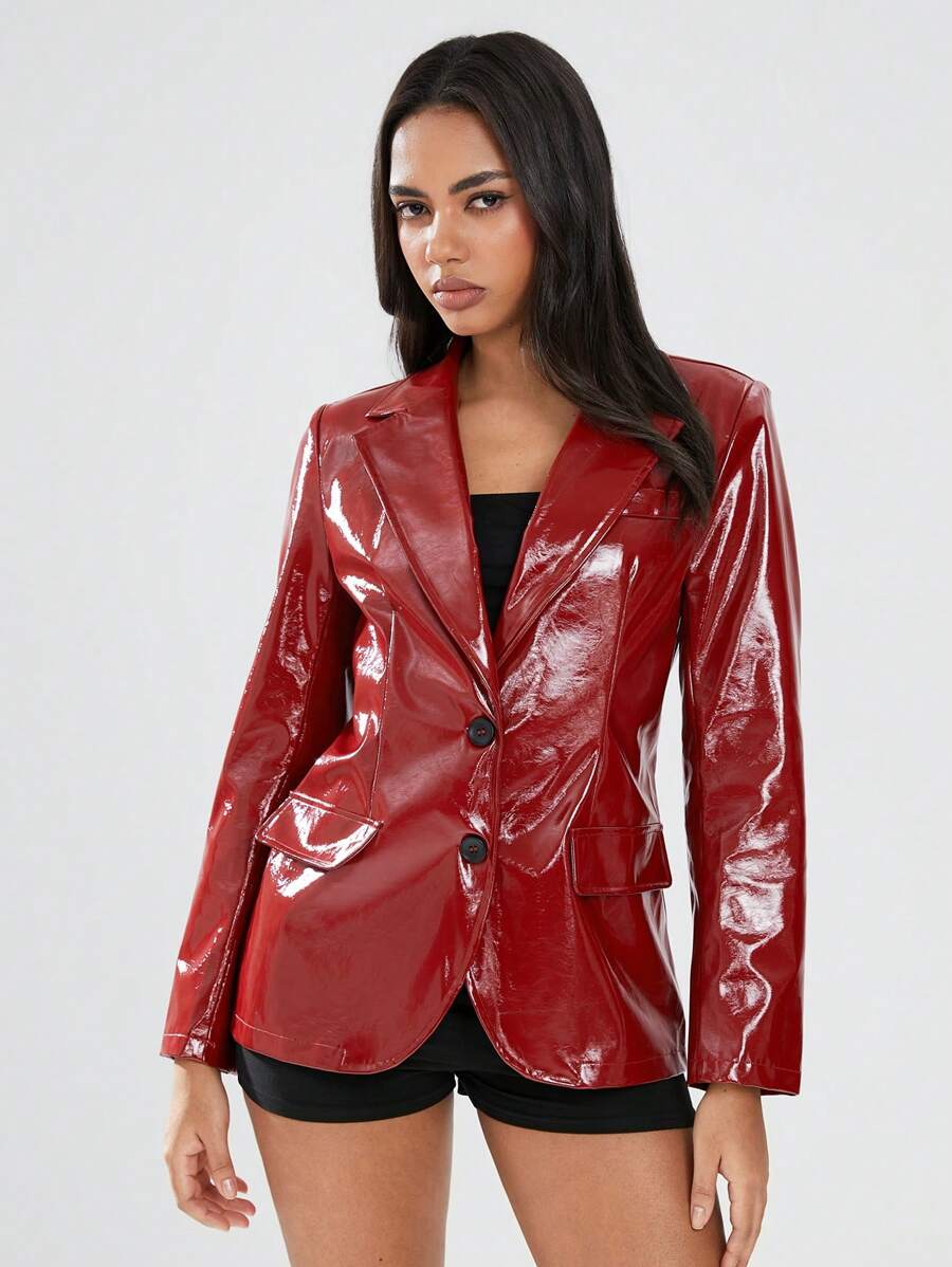 SHEIN Unity 1 件女士红色翻领皮革纹理休闲西装外套，适合冬季和新年穿着 - 紅色 - 查看 1