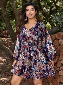 SHEIN VCAY Plus Size Holiday Casual Paisley Print Dress - Navy Blue - View 4