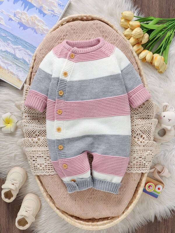 SHEIN Vintaside Kids Traje de gatea informal de punto suelto de solapa única a rayas para bebé niña, otoño/invierno