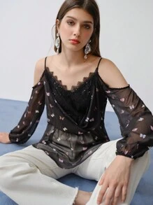 MOTF STUDIO 对比色蕾丝轻薄透明衬衫，情人节 - 彩色 - 查看 2
