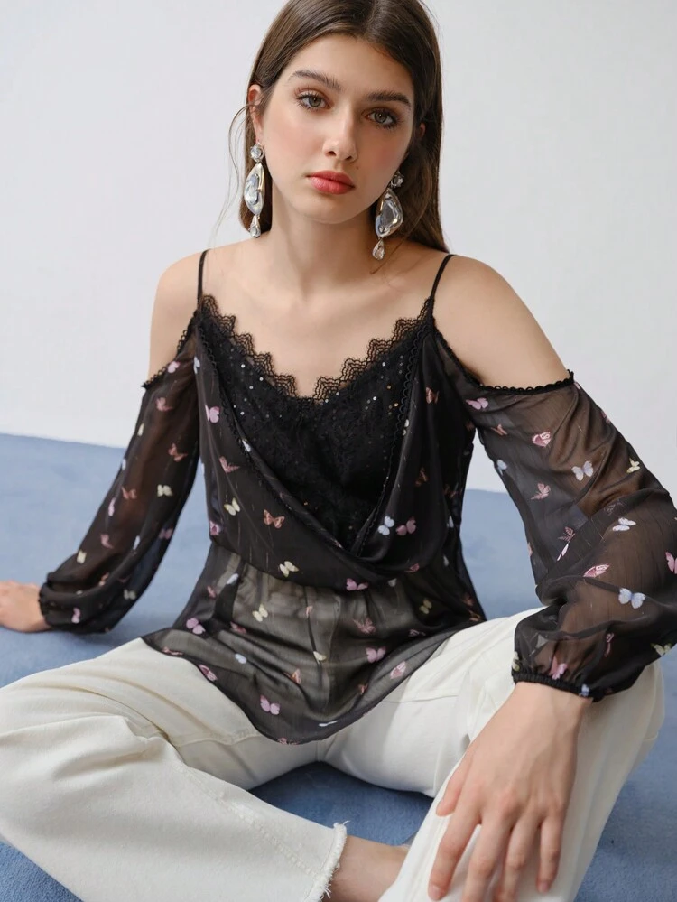 MOTF STUDIO CONTRAST LACE LIGHTWEIGHT SHEER BLOUSE,VALENTINE'S DAY,SPRING/SUMMER