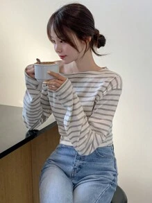 DAZY Women's Open Shoulder Oblique Striped Form-Fitting Long Sleeve T-Shirt, Spring/Autumn,Back To School Clothes,Fall Women Clothes