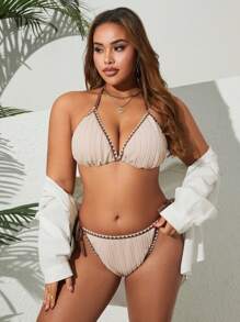 Swim SXY 夏季大码女式纹理花卉吊带设计高端性感系带分体泳衣，休闲度假装 - 米色 - 查看 3