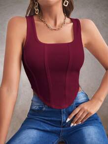 SHEIN BAE Camiseta Sin Mangas Asimétrica Con Dobladillo Para Mujeres En Color Sólido - Granate - Ver 6