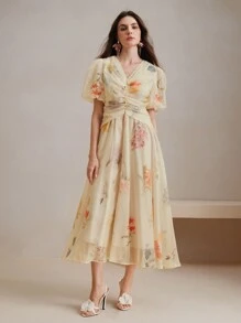 Anewsta 女式法式高端碎花 V 领收腰优雅夏季连衣裙，女式碎花连衣裙 - 杏色 - 查看 3