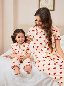SHEIN 女宝宝简约时尚可爱心形格子印花短袖裤子两件套睡衣套装 - 紅白色 - 查看 1