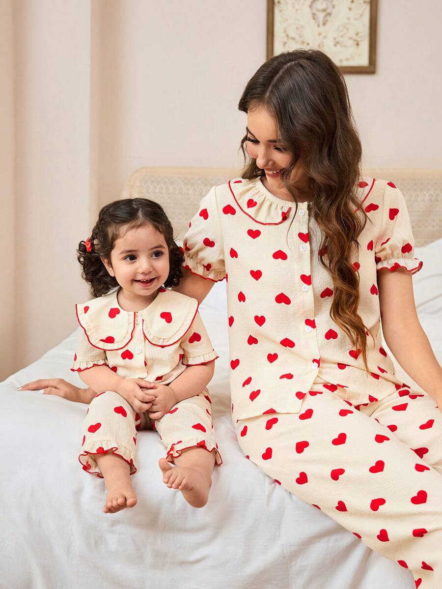 SHEIN 女宝宝简约时尚可爱心形格子印花短袖裤子两件套睡衣套装 - 紅白色 - 查看 1