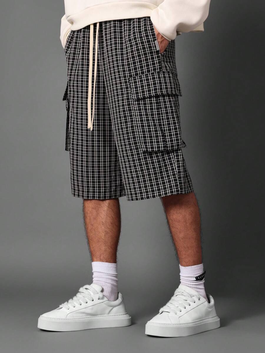 SUMWON Relaxed Fit Plaid Cargo Shorts With Multiple Pockets Elastic Drawstring Waist Casual Summer Streetwear Bermuda Walking Shorts - Black - View 1