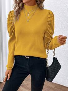 SHEIN Clasi Women's Rhinestone Decorated Solid Color Long Sleeve Knit Sweater, Simple Casual For Everyday Wear Knit Pullover Fall Winter Sweater - Yellow - View 6