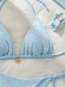 Swim Mod Textured Halter Strap Triangle Bikini Set With Tie Side Swim Bottoms Summer - Multicolor - View 3