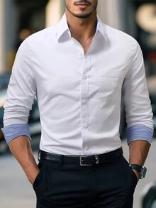 Manfinity Mode Men's Casual Minimalist Versatile Long Sleeve Shirt - White - View 1