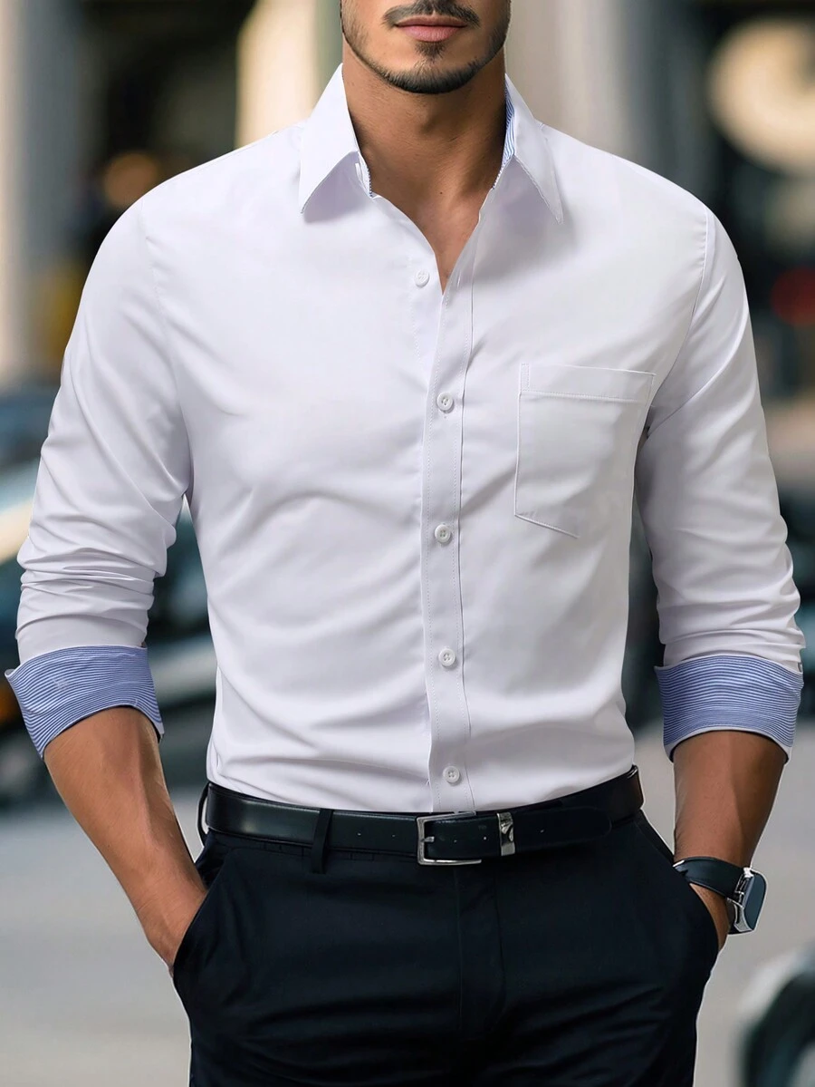 Manfinity Mode Men's Casual Minimalist Versatile Long Sleeve Shirt - White - View 1