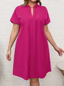 EMERY ROSE Plus Size Summer Notched Neckline Black Short Sleeveblack Dress With Cut-Out Detail - Hot Pink - View 5