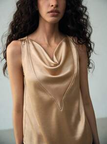 MOTF PREMIUM COWL NECK SIMPLE SLEEVELESS BLOUSE - Khaki - View 2