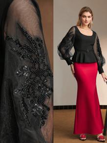 MOTF Soiréza SEQUIN EMBROIDERY SHEER MESH LANTERN SLEEVE SCOOP NECK BUCKLE BELTED PEPLUM TOP - Black - View 2