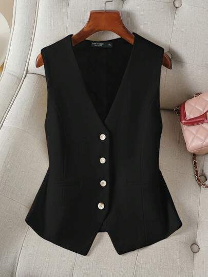 CosyJoli Plus Size Women's Summer And Women Clothes New Fashion Casual Elegant Commuter Work Back To School Clothes Old Money Style Teacher Outfits Business Women Clothes 4th Of July Clothes Casual Women Dresses White Vest Suit, Black Spring