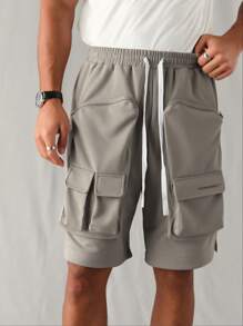 Manfinity VCAY Pantalones cortos casuales sólidos con cintura elástica suelta y tejido a la moda para hombres - Gris - Ver 3