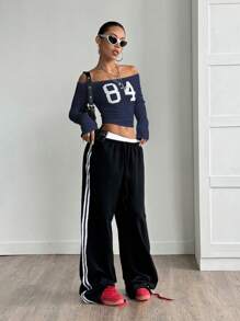 StreetHx 女式露肩大字母印花修身长袖 T 恤，秋季 - 藏蓝色 - 查看 6