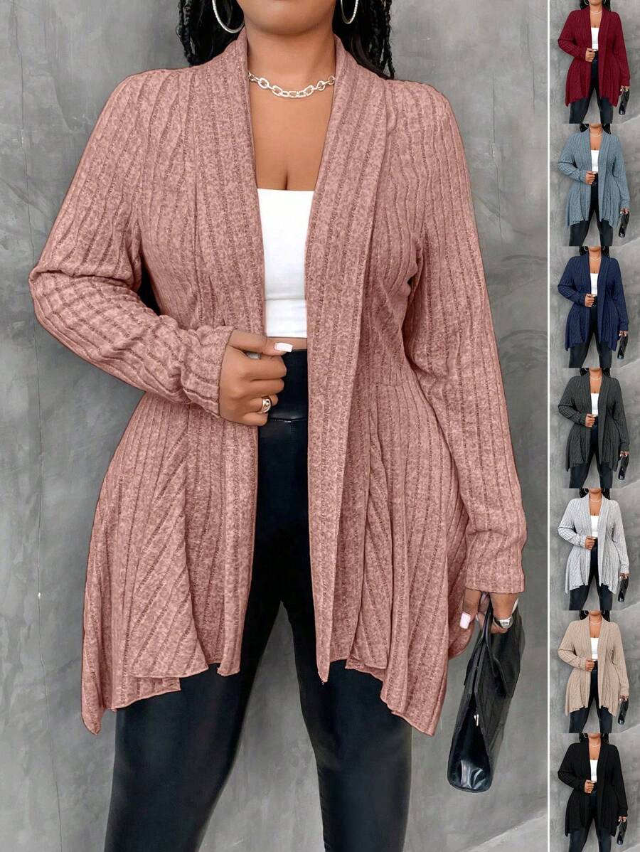 Maweii Plus Size Autumn Casual Everyday Ribbed Front Cardigan Sweater Fall Winter Cloth For Women - Dusty Pink - View 1