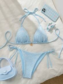 Swim Mod Textured Halter Strap Triangle Bikini Set With Tie Side Swim Bottoms Summer - Multicolor - View 1