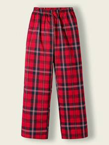 SHEIN Tween Girls 红色格子休闲宽松直筒裤，复古美式风格，百搭春夏 - 紅色 - 查看 1