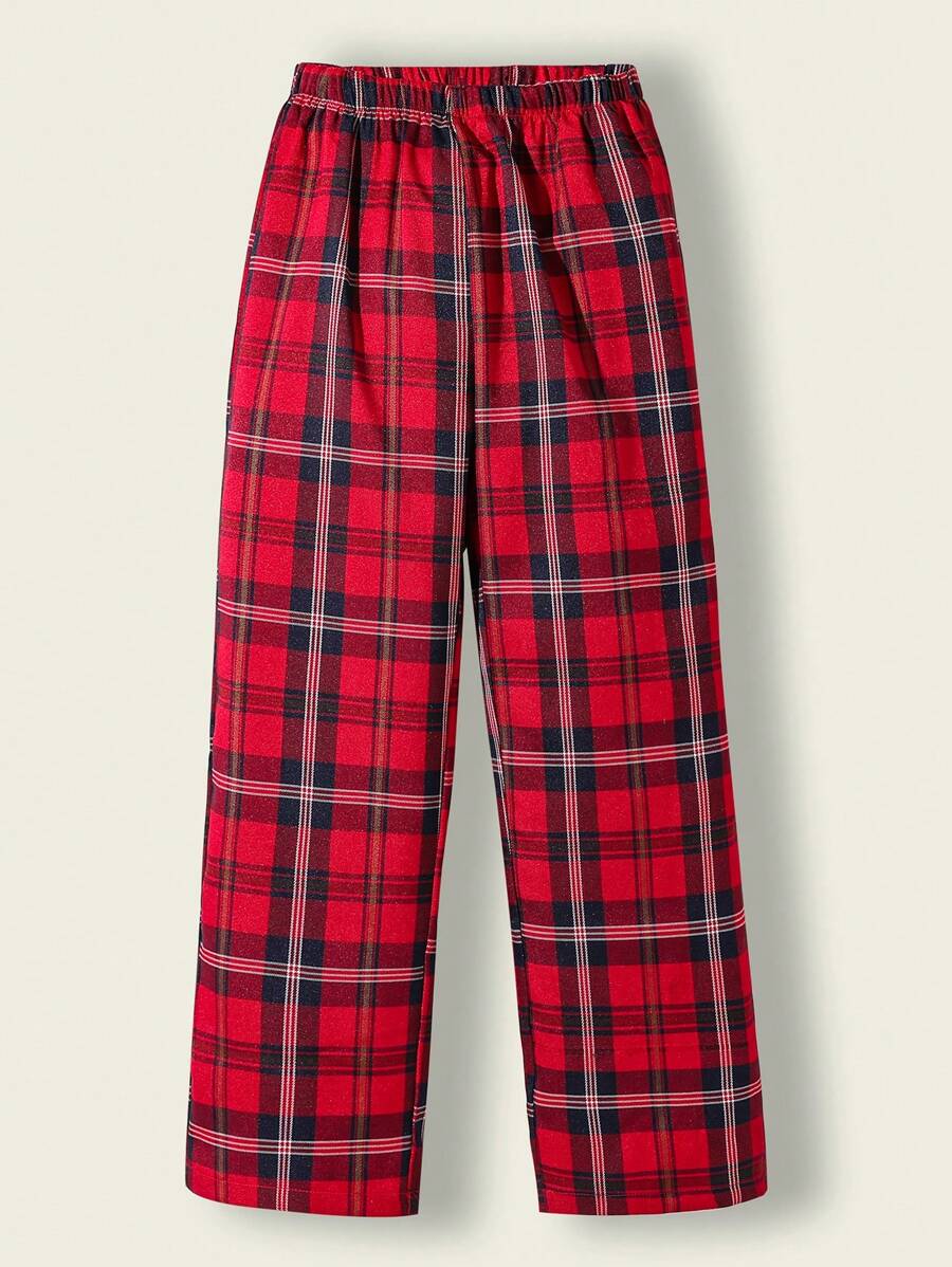 SHEIN Tween Girls 红色格子休闲宽松直筒裤，复古美式风格，百搭春夏 - 紅色 - 查看 1