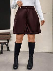 SHEIN Frenchy Plus Size Casual Biker Style PU Shorts - Red - View 4