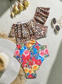女士沙滩装，夏季海滩度假性感豹纹花卉拼布镂空荷叶边连体泳衣 - 彩色 - 查看 4