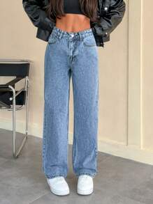 EURMUSE Casual Washed High Waisted Straight Leg Jeans - Medium Wash - View 4
