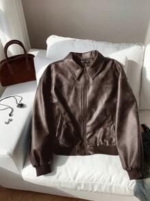 SHEIN EZwear Women's Fashionable New Distressed Leather Jacket, Autumn