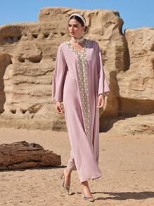 Al Najma Women's Elegant Embroidery Decor Flared Sleeve Arabic Style Long Dress Kaftan Jalabiya Dress - Pink - View 7