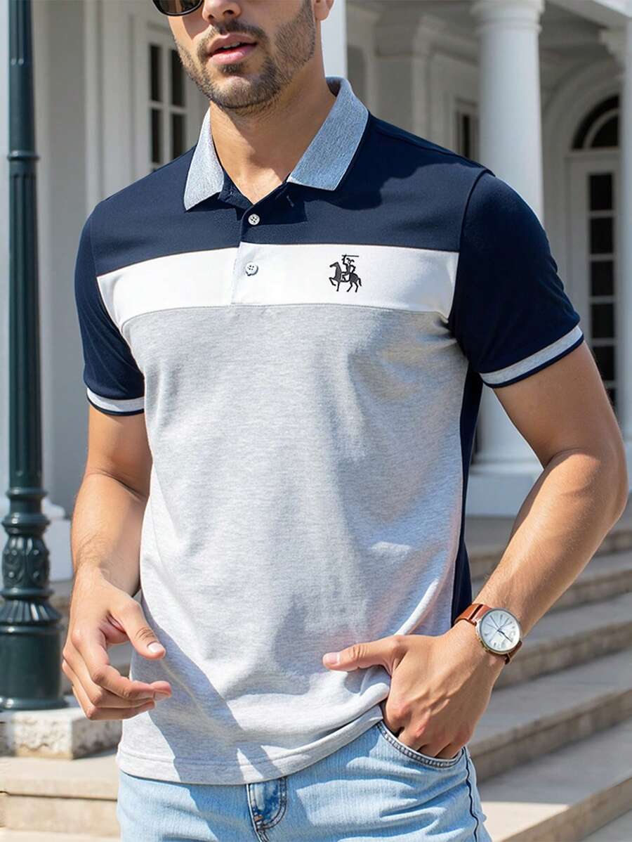 Manfinity Mode 男士前扣短袖纯色拼布（不对称袖子和口袋饰边） - 彩色 - 查看 1