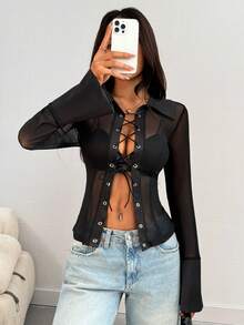 INAWLY Women's Mesh See-Through Personalized Long Sleeve Knitwear Top - Black - View 3