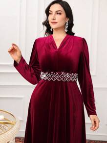 Modelyn Plus Size Solid Color V-Neck Patchwork Long Sleeve Casual Dress Long Evening Dresses - Burgundy - View 3