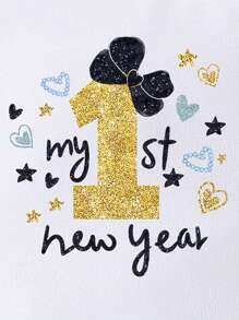 女婴休闲时尚创意可爱装饰蝴蝶结、仿箔、闪光字母标语印花连体衣、短袖连体衣 - 白色 - 查看 6