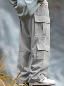 Manfinity Roghcode Pantalones cargo grises casuales de unicolor con cordón en la cintura, otoño - Gris Claro - Ver 2