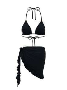 Swim Chiccia Springbreak Women 3-Piece Floral Halter Neck Triangle Bikini Set With Ruffled Trim Beach Dress Swimwear For Summer Beach Vacation - Black - View 5