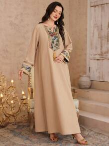 Al Najma 女士春夏 3D 花卉提花束腰连衣裙和阿巴亚长袍，土耳其和阿拉伯传统朴素长袍