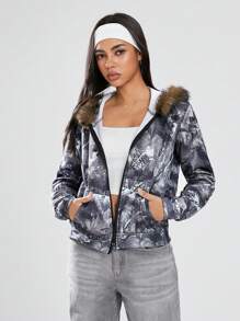 SHEIN Unity 1件女士休闲树叶印花保暖连帽卫衣，多色可选，时尚复古风格，适合秋冬季节穿着。 - 軍綠色 - 查看 5