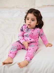 SHEIN Baby Girls' Snug Fit Coverall With Pink Background & Cool Spider Web Print, Long Sleeve, Long Length - Pink - View 4