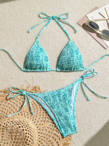 Swim Vcay Women Halter Neck Tie Back Swimwear Top And Bottoms Set, Bikini Summer - Blue - View 1