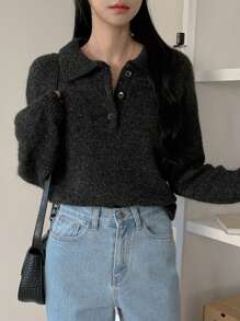 DAZY 女士纯色休闲针织毛衣，时尚日常穿着秋冬 - 深灰色 - 查看 8