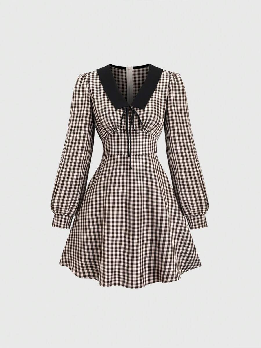 Sweetra Women Solid Color Tied Front Long Sleeve Casual Dress - Coffee - View 1